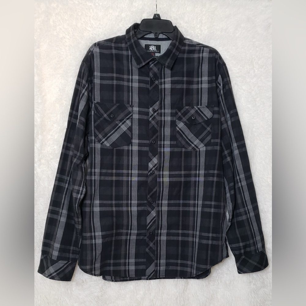 Rock & Republic Black and Gray Plaid Button Down Flannel Shirt Size XXL
